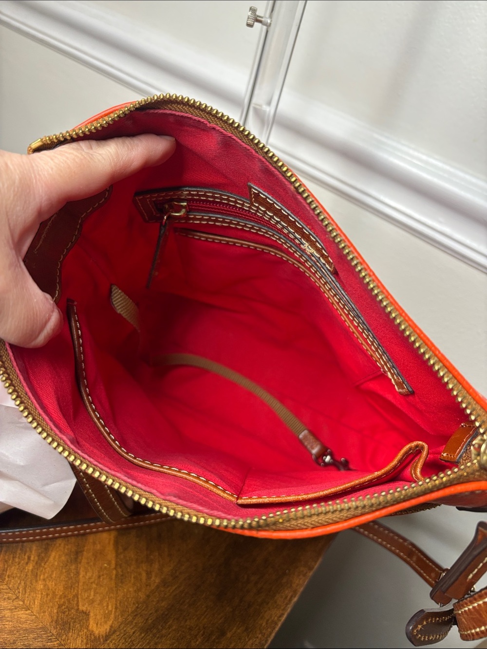 Dooney & Bourke Pebbled Grain Crossbody Orange Leather Bag with Red Interior - Picture 8 of 16